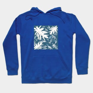 Trio palm leaves white on blue 2 tropical fall TeePublic Hoodie